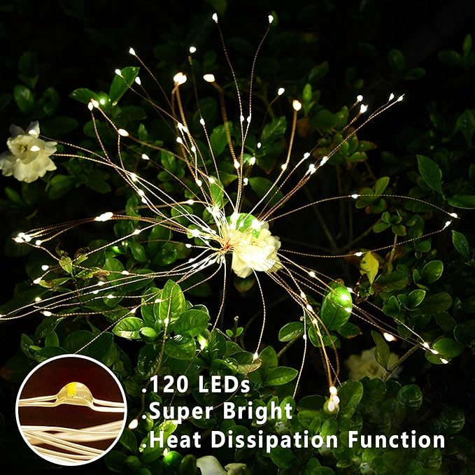 4 PCS Solar Firework Light, Outdoor Solar Garden Decorative Lights 120 LED Powered 40 Copper Wires String DIY Landscape Light for Walkway Pathway Backyard Christmas Decoration Parties (Warm White) YOTOZU