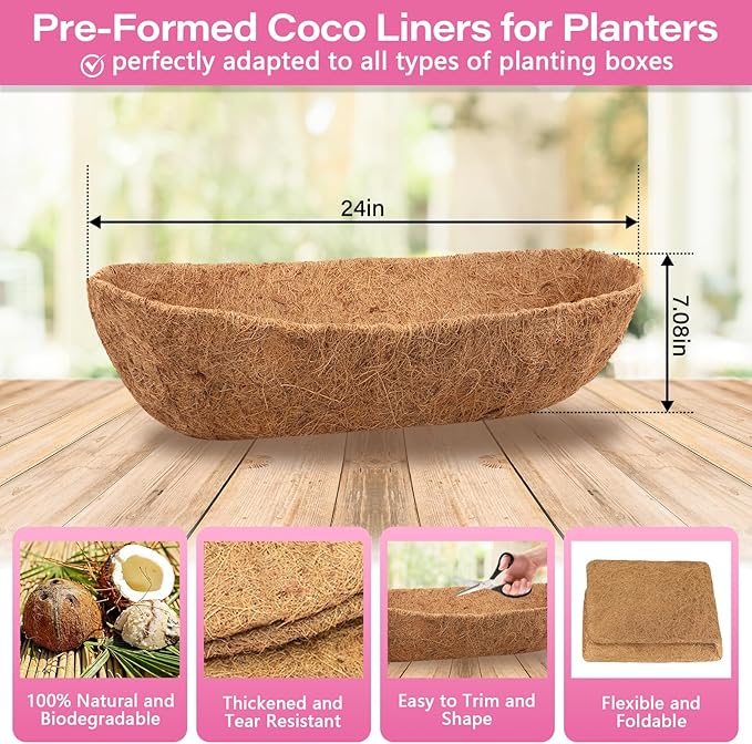 Legigo 4 Pack 24 Inch Natural Trough Coco Liner for Planters- Window Box Liners Coconut Basket Liners, Planter Box Coconut Liner for Window Flower Box Pots, Fence Trough Planter, Wall Planter Basket Legigo