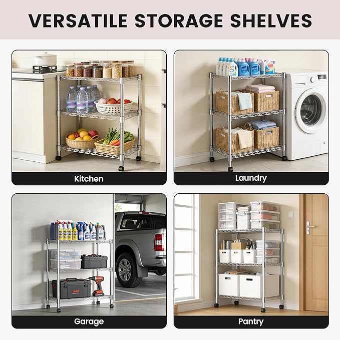 Xcity Storage Shelves, 3 Tier Heavy Duty Metal Shelving Unit with Wheels, 1050 LBS Capacity Adjustable Steel Wire Shelf Organizer for Pantry, Kitchen, Garage, 14" D x 24" W x 30" H, Chrome Rootora
