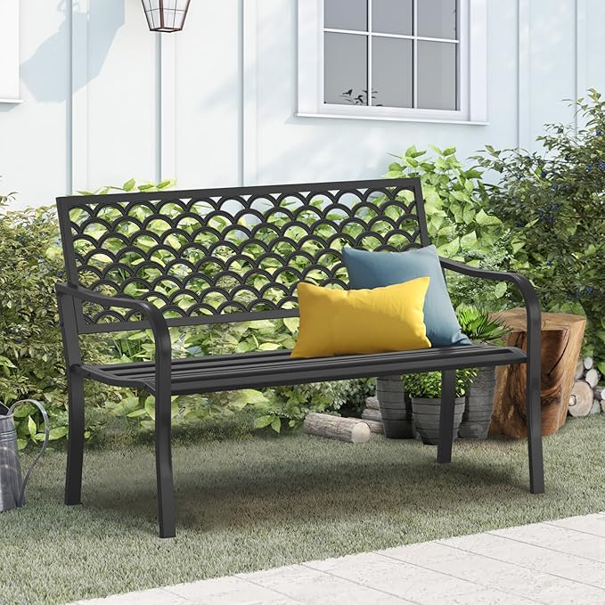On Shine Outdoor Garden Bench Cast Iron Steel Outdoor Bench Clearance Weatherproof Metal Park Bench for Porch, Yard, Lawn, Deck (Scale) Rootora