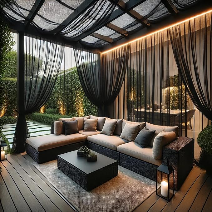 Extra Wide Outdoor Curtains Waterproof Black Voile Mesh Screen Lightweight Privacy Bug Netting for Patio Porch Balcony Pergola Terrace, W125 x L98 inch per Panel, 2 Panels Rootora