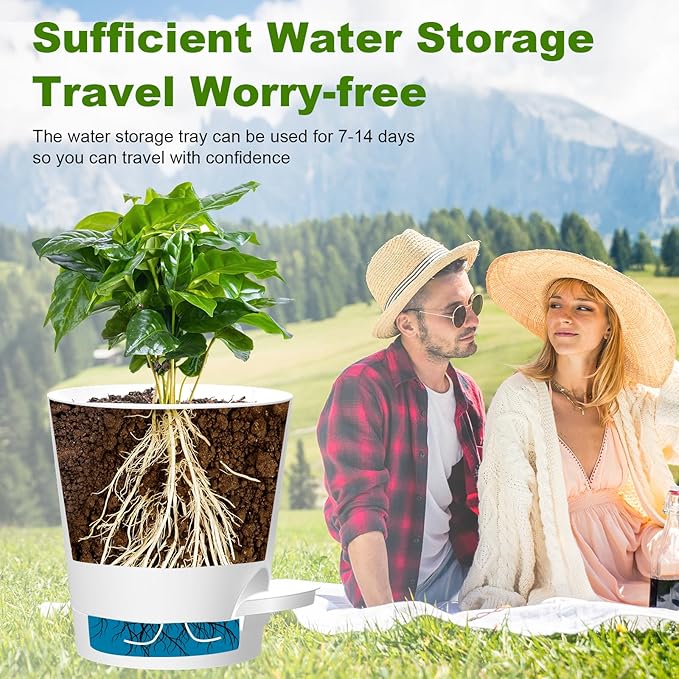 Self Watering Pots, 7/6.5/6/5.5/5/4 inch Flower Pots with Multi Mesh Drainage Holes, Small Platic Planters for Indoor Outdoor Garden Plants and Flowers (White, 7"+6.5"+6"+5.5"+5"+4") Rootora