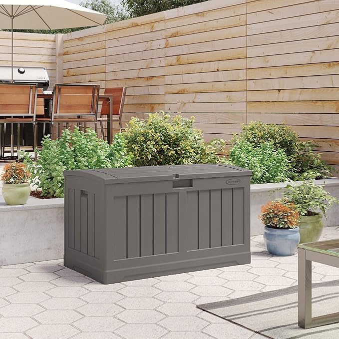 Suncast 50 Gallon Plastic Deck Box with Molded Lockable Feature and Weathertight Construction for Home, Patio, Lawn, and Garden Storage, Gray Suncast
