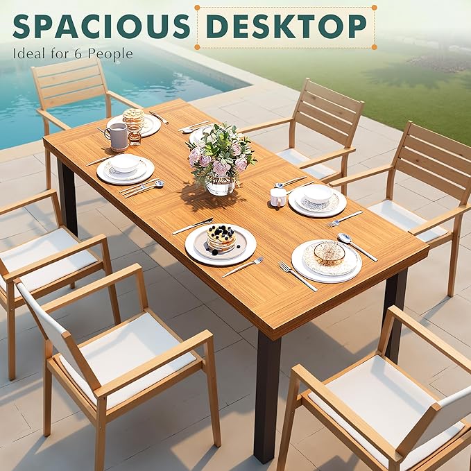 Flamaker Dining Table for 6 Acacia Wood Indoor Outdoor Home Kitchen Table with Iron Legs Large Rectangular Patio Table for Deck, Sunroom Flamaker