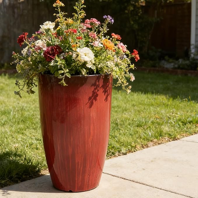 Worth Garden 23.5" H. Large Plastic Planters - Set of 2 Gradient Red Glossy Smooth Finish - Tall Plant Pots for Indoor & Outdoor Use - Decorative Lightweight Flower Pots for Front Porch, Patio, Deck WORTH