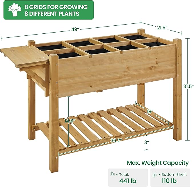 Yaheetech 49x22x32in 8 Pockets Horticulture Raised Garden Bed Elevated Wood Planter Box Stand with Foldable Side Table and Storage Shelf for Herb/Vegetables/Flowers, Light Brown Yaheetech