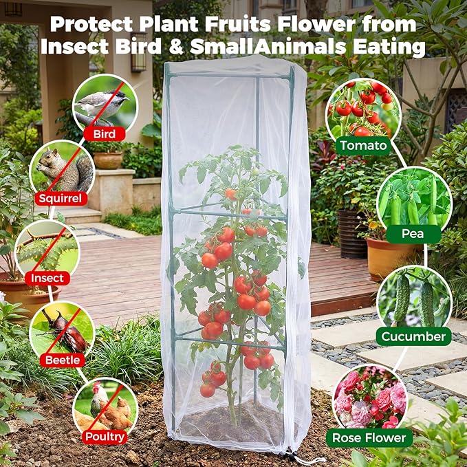 3Pcs Garden Bird Netting Plant Cover for Tomato Cage, 67" x 17.7" Insect Bird Barrier Tomato Cage Net with Zipper, Tomato Trellis Plant Netting Cover for Square Tomatoes Cages Plants Garden Protection WYRJXYB
