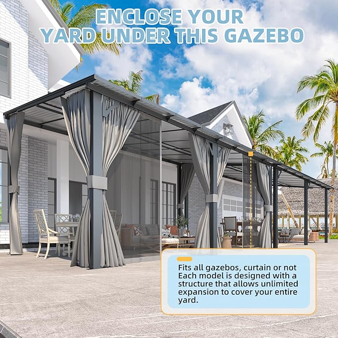 AECOJOY 16' x 10' Gazebo Outdoor Pergola for Patio with Curtains and Netting, Large Wall-Mounted Hardtop 10x16 Lean to Metal Gazebo Shelter Pergolas and Gazebos Clearance with Patio Roof AECOJOY