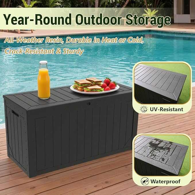 TARKARI 100 Gallon Lockable Resin Deck Box, Waterproof & UV-Resistant Outdoor Storage Box for Outdoor Cushion Storage, Garden Tools & Pool Accessories Storage, Black Home