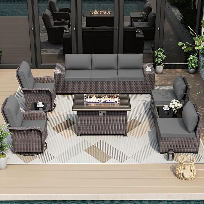 ALAULM 10 Pieces Outdoor Patio Furniture Set with 2 Swivel Chairs Outdoor Furniture Patio Sectional Sofas with 55000 Gas Fire Pit Patio Conversation Set w/7 Cushions-Grey ALAULM