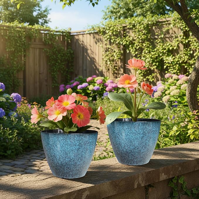 8 inch Plant Pots, Pack of 4 Plastic Planter for Indoor Outdoor Plant with Drainage Holes and Saucers, Flower Pots for Garden Home Decor (Blue, 4pcs) Vanslogreen