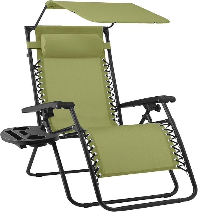 Best Choice Products Folding Zero Gravity Outdoor Recliner Patio Lounge Chair w/Adjustable Canopy Shade, Headrest, Side Accessory Tray, Textilene Mesh - Dusty Green BestChoiceProducts