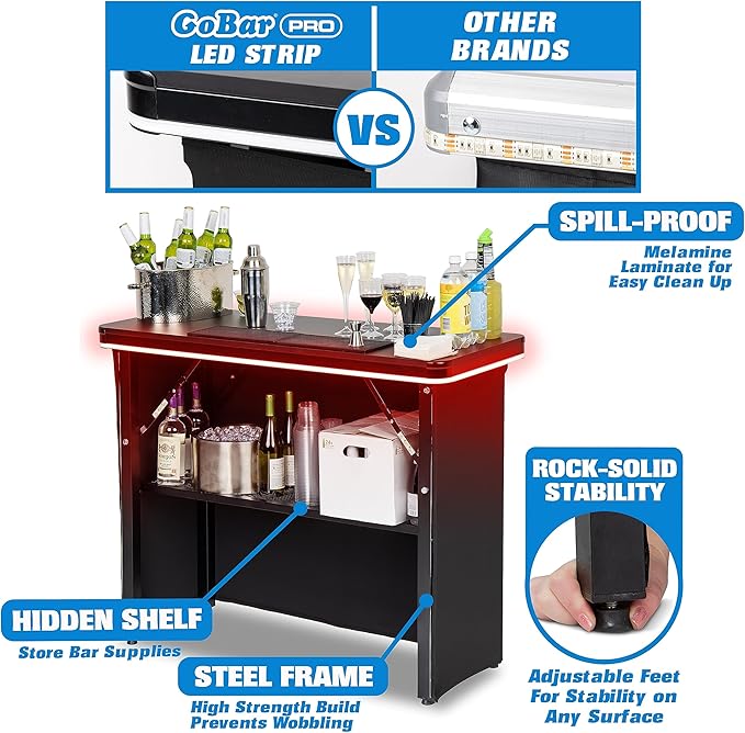 GoBar PRO Commercial Grade Portable Bar Table - Mobile Bartender Station for Events - Includes Black Skirt and Carry Case - Standard or LED, Pack 1 GoBar