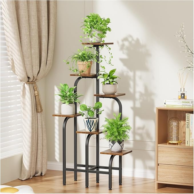 6 Tier Plant Stand Indoor, Plant Shelf for Multiple Plants, Flower Pot Holder Shelf, Planter Display Rack for Patio Garden Balcony Living Room Bedroom Decor, Rustic Brown Asgolion