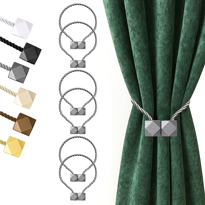 Hion Magnetic Curtain Tiebacks Grey 6 Pack, Curtain Tiebacks Buckles Holdbacks Holders Hooks Clip for Home Bedroom Office Decorative Thick or Thin Curtain Hion