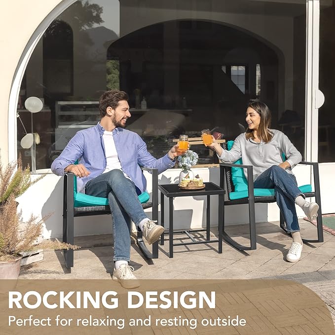 Devoko 3 Piece Rocking Bistro Set Wicker Patio Outdoor Furniture Porch Chairs Conversation Sets with Glass Coffee Table (Blue) DEVOKO