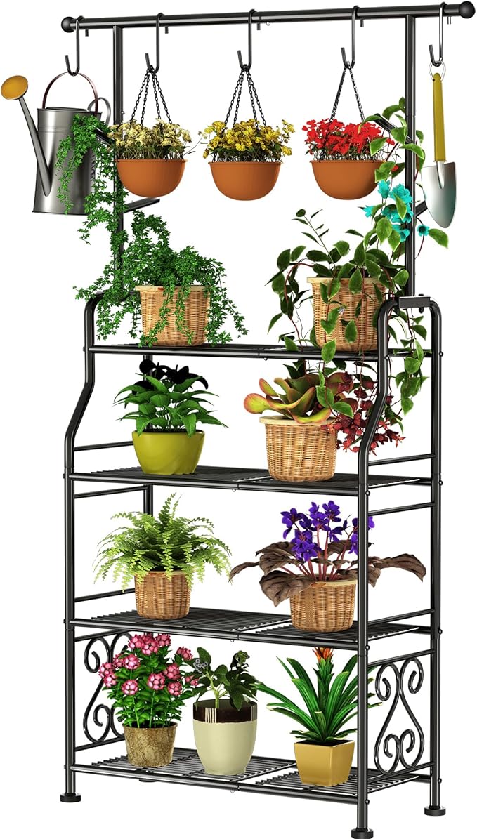 GIOTORENT Plant Stand Indoor Outdoor, 4-Tier Heavy Duty Metal Shelves, Display up to 17 Multiple Plants, Tall Plant Holder with Plant Hanger, Suit for Patio Living Room Garden Balcony, 5 Hooks, Black GIOTORENT