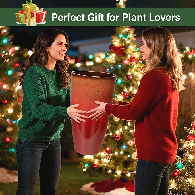 24/21/12 Inch Large Plastic Planter, Lightweight Ceramic-Look Tall Planters with Drain Hole & Saucers, Tall Plastic Planters for Porch, Garden, Patio, Balcony(Fiery Red) Neoaider