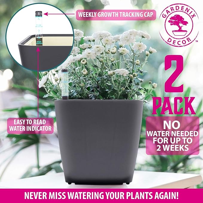 GARDENIX DECOR 5" Self Watering pots for Indoor Plants - Flower Pot with Water Level Indicator for Plants, Grow Tracking Tool - Self Watering Planter Plant Pot – 2 Pack Gray Rootora