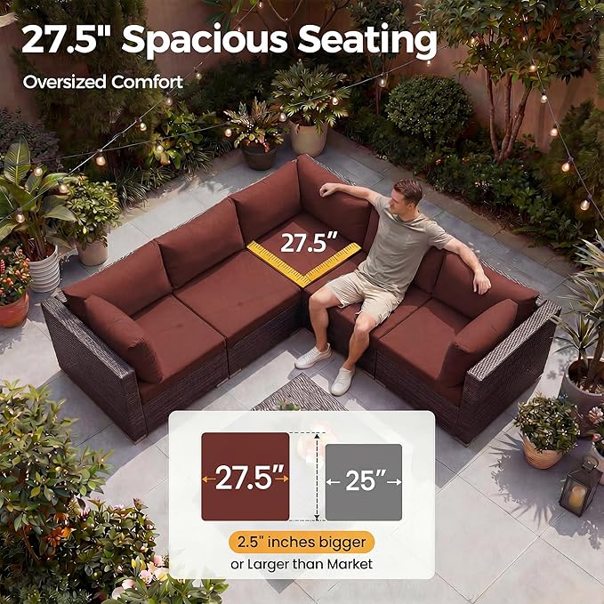 NICESOUL 6 Piece L-Shaped Modern Outdoor Furniture Set with Firepit Natural Gas/Propane, 29.3'' High-Back Deep Wide Seat Patio Conversations for Outside, Large Size Sofa, Brown Rattan and Red Cushion NICESOUL