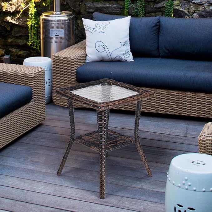 VINGLI Outdoor Side Table with Storage Wicker Patio Side Table, Tempered Glass Top End Table for Balcony Porch Deck (Brown) VINGLI