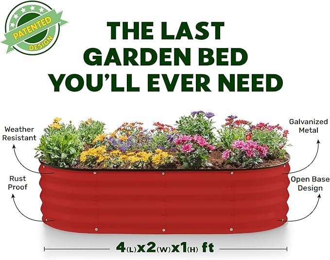 Plant & Plot Galvanized Raised Garden Beds Outdoor // 4×2×1 ft Planter Raised Beds for Gardening, Vegetables, Flowers // Large Metal Garden Box (Red) // Patented Tool-Free Design PlantPlot