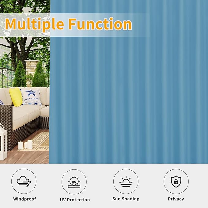 Easy-Going Outdoor Patio Curtains Detachable Tab Top Windproof Weatherproof Curtain for Cabana, Porch, Pergola and Gazebo, Tab Bottom Drape, 2 Panels, 110W x 108L inch, Sky Blue Easy-Going
