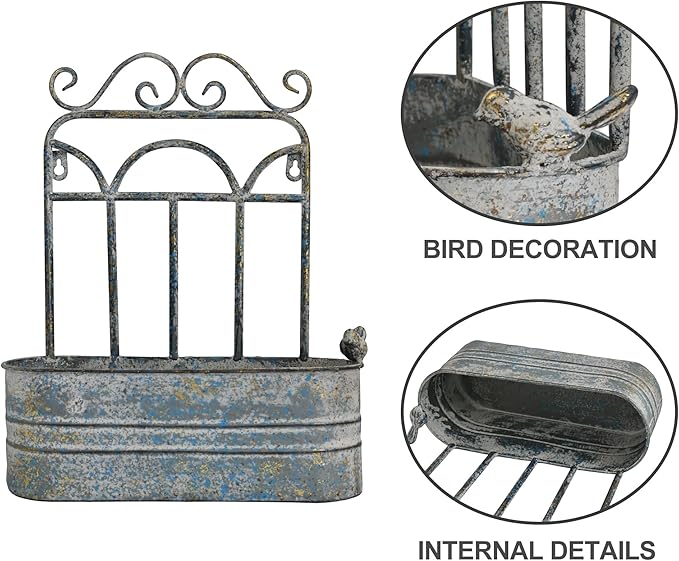 Rustic Metal Wall Planter Vintage Wall Mounted Flower Pot Distressed Wall Hanging Plant Basket Farmhouse Wall Decor for Indoor Outdoor Garden Home Yard (Gray) Rootora