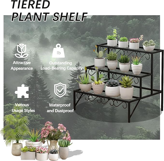 3 Tier Metal Plant Stand Outdoor Indoor, Heavy Duty Flower Pot Holder Display Shelf,Multifunctional storage rack for Patio Garden Livingroom Bedroom,Black Garden4you