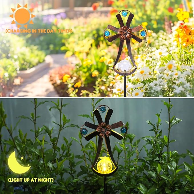 VCUTEKA Solar Garden Lights Cemetery Metal Flower Decor Colorful Solar Pathway Light with LED Cracked Crystal Ball Outdoor Decorative Stake for Patio Yard Lawn Garden Decor (Cross) VCUTEKA