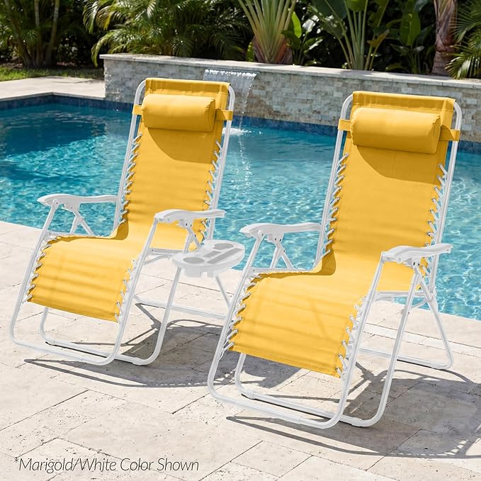 Best Choice Products Set of 2 Extra Wide Adjustable Steel Mesh Zero Gravity Lounge Chair Recliners w/Pillows and Cup Holder Trays - Marigold Stripes/White BestChoiceProducts
