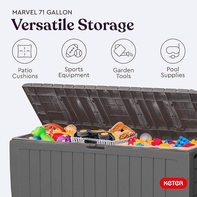 Keter Marvel Plus 71 Gallon Resin Outdoor Storage Box for Patio, Balcony & Garden – Weather‑Resistant Deck Box for Cushions, Pillows, Pool Floats & Tools, Light Grey Keter
