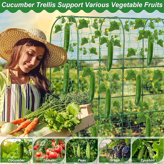 67 x 50 Cucumber Trellis for Raised Bed, U-Shape Metal Large Garden Trellis for Climbing Plants Outdoors with Netting, Garden Tools, Cucumber Arch Trellis for Vegetable Fruit Flower Plant Support Qinzave