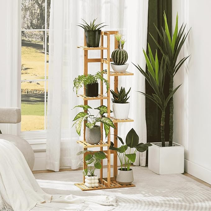 DolceLuna Plant Stand Indoor Corner, Tiered Bamboo Plant Shelf 46 Inch Tall, Plant Rack 6 Tier for Multiple Small Plants, Flower Holders for Living Room Bedroom Window Patio Balcony, Natural DolceLuna