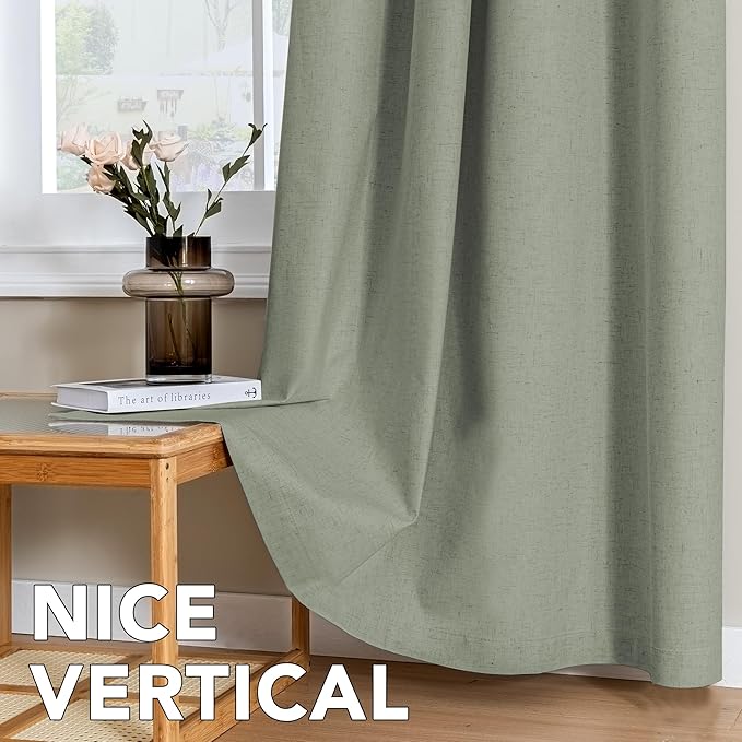 H.VERSAILTEX Linen Curtains 100% Blackout Curtains for Bedroom 96 inch Long Full Light Blocking Nature Linen Blended Window Curtains for Living Room Nickel Grommet (2 Panels, Heathered Dried Sage) HVERSAILTEX