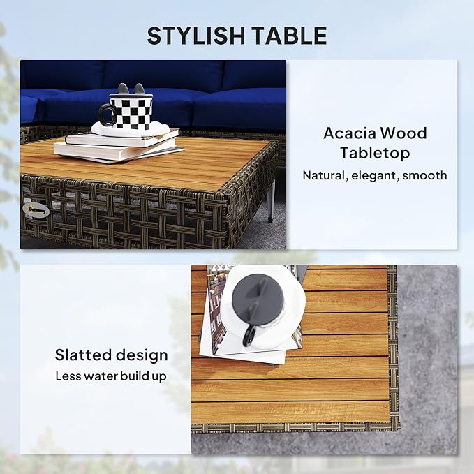 Outsunny 7 Piece Wicker Patio Furniture Set, Modular Outdoor Sectional with Thickened Cushions, Rattan Outdoor Furniture Conversation Set with Slatted Acacia Wood Table for Backyard, Brown/Dark Blue Outsunny