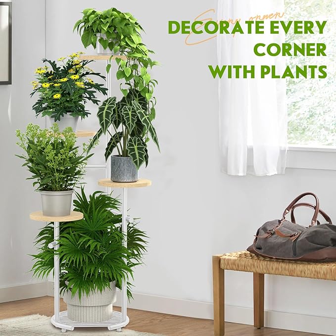 TOSKING 5 Tier Metal Plant Stand Indoor， Plant Shelf, Corner Shelf Flower Pot Stand for Outdoor Plant Stand for Living Room Balcony Garden Patio Bedroom (White and Wood, 42in) TOSKINGESSENCE