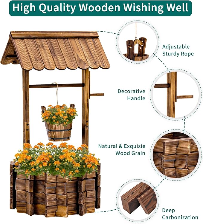 UDPATIO Rustic Solid Fir Wood Wishing Well Planter for Outdoor Plants, 16.5 in Diameter UDPATIO