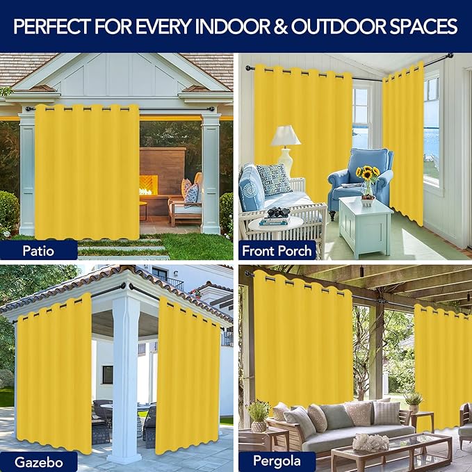 PureFit Outdoor Curtains for Patio Waterproof Weatherproof, UV Resistant Outside Curtains for Gazebo, Front Porch, Pergola, Sun Blocking Privacy Curtain, 100W x 95L inch, 1 Panel, Yellow PureFit