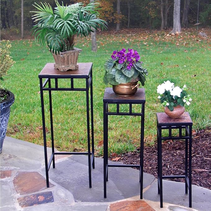 Zhongma Set of 3 Metal Plant Stand with Slate Top Square Flower Shelf without Installation Required Zhongma