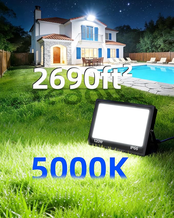 120W LED Flood Light Outdoor with Plug, 14400Lm Super Brighter Security Lights with 5ft Wire, IP66 Waterproof LED Work Light, 5000K Daylight White Exterior Floodlights for Yard Garage Stadium(2 Pack) ISUERFY-BornforGlowParty