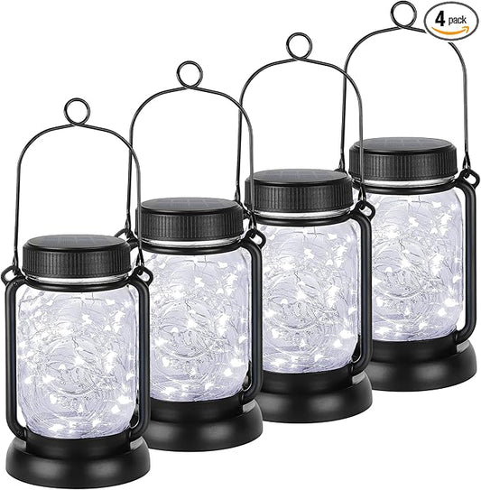 Mlambert Cool White 4 Pack Solar Hanging Mason Jar Lights with Stakes, Waterproof Decorative 30 LEDs Outdoor Solar Lantern Lamp Patio Garden Tree Yard Mlambert