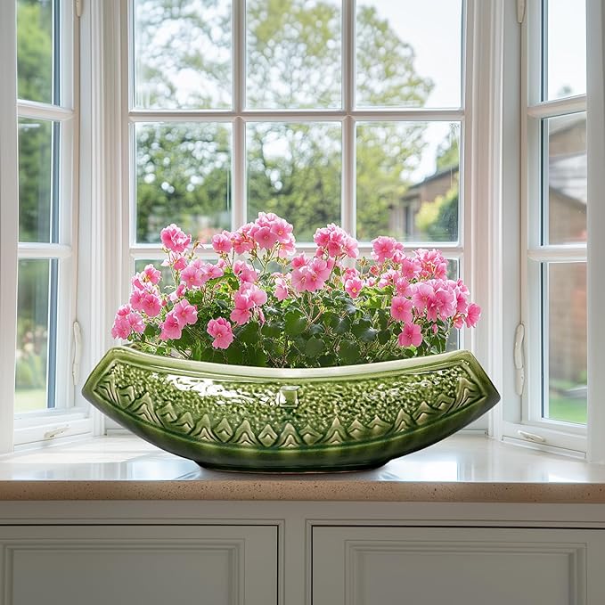 Bonsai Planter 18 Inch - Large Ceramic Succulent Pots with Drainage Hole, Bonsai Pots for Indoor Outdoor Plant, Ceramic Flower Pot, Decorative Plant Pot, Garden Decor, Housewarming Gift, Green Teagas