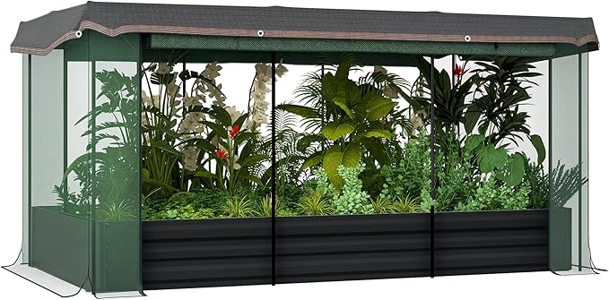Outsunny 7.3 x 3.4 x 1 ft Galvanized Raised Garden Bed with Crop Cage Plant Protection Net and Shade Cloth Roof, Metal Planter Box with Cover for Vegetables, Flowers, Herbs, Dark Gray Outsunny