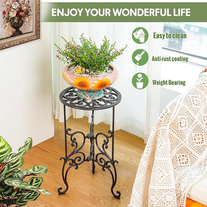 Sungmor Heavy Duty Cast Iron Potted Plant Stand,19.3-Inch 1 Tier Metal Planter Rack,Decorative Flower Pot Holder,Vintage & Rustic Style Indoor Outdoor Garden Pots Container Supports Sungmor