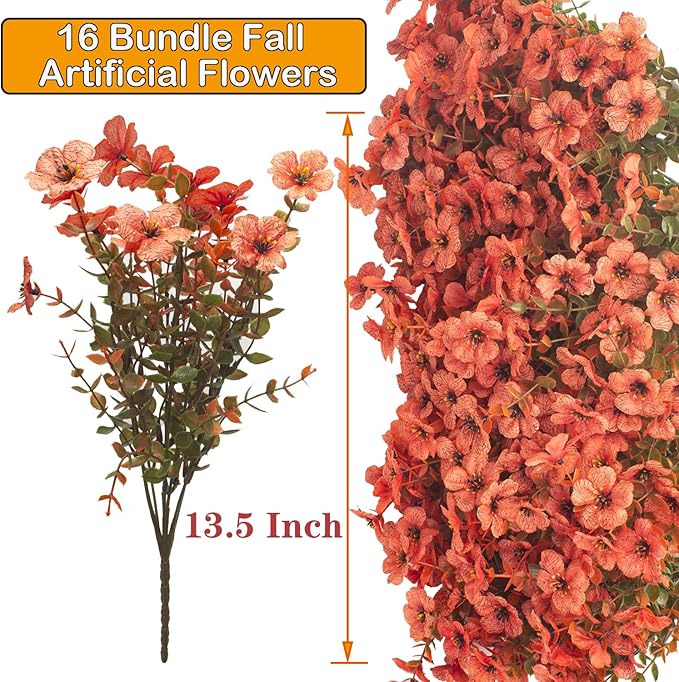 Fall Outdoor Artificial Flowers 16 Bundles - UV Resistant Faux Daisy with Eucalyptus Leaves, Weatherproof Fake Plants for Porch, Patio, Garden Decor, Indoor Outdoor Decor (Fall Orange Red) Grunyia