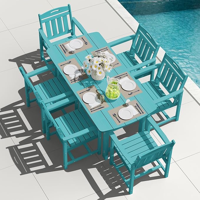 HDPE Outdoor Dining Set, Patio Table and Chairs Set, All-Weather 7-Piece Outside Table and 6 Chairs, 2" Umbrella Hole, Outdoor Furniture for Garden, Poolside, Backyard, Deck | Lake Blue Rootora