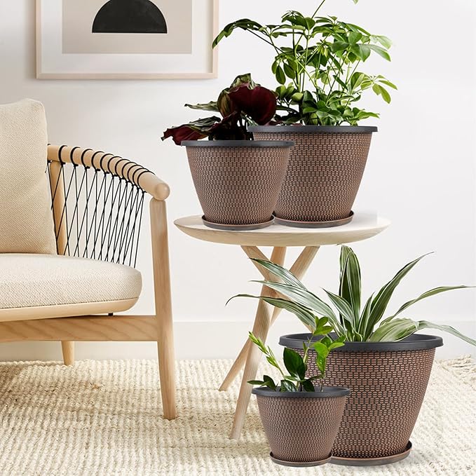 16 inch Plant Pots, Large Planters for Outdoor Plants Set of 4, Round Plastic Flower Pots with Drainage Holes & Trays, Modern Decorative Indoor Garden Pot, Plant Container for House (Black Copper) Svxtoby