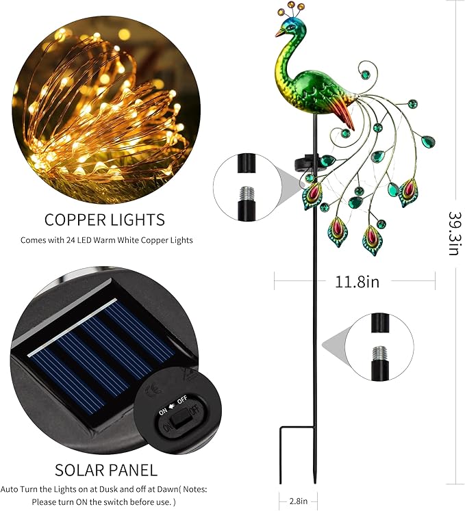 Glintoper Solar Garden Lights, 39 Inch Height Outdoor Metal Peacock Decorative Garden Stakes, Mothers Day Ideal Gifts, Waterproof Path Lights Lawn Stake Ornaments for Patio Pathway Yard Decoration Glintoper