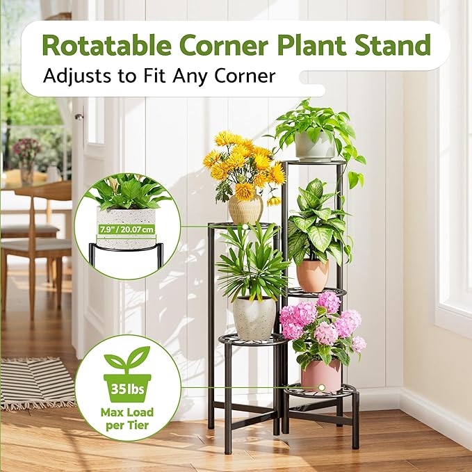 Plant Stand Indoor Outdoor, 5 Tier Corner Metal Flower Display Holder Stand, Folding Tall Plant Rack for Patio Balcony Porch Garden Living Room House, Heavy Duty Wrought Iron Plant Shelf - BlackS Rootora